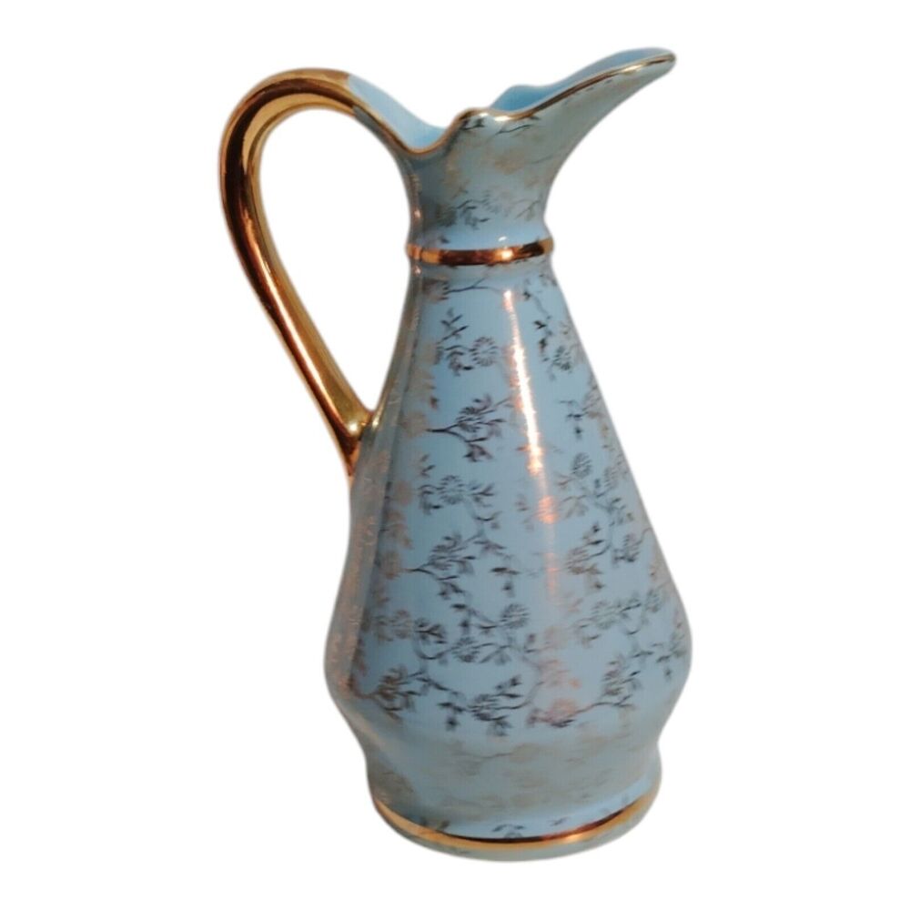 Vtg Blue 22KT Gold Pitcher Pearl China Co. Hand Decorated Flowers 4.5” Creamer